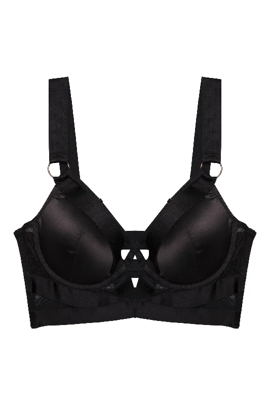 Etta Black Satin and Mesh Longline Padded Plunge Bra