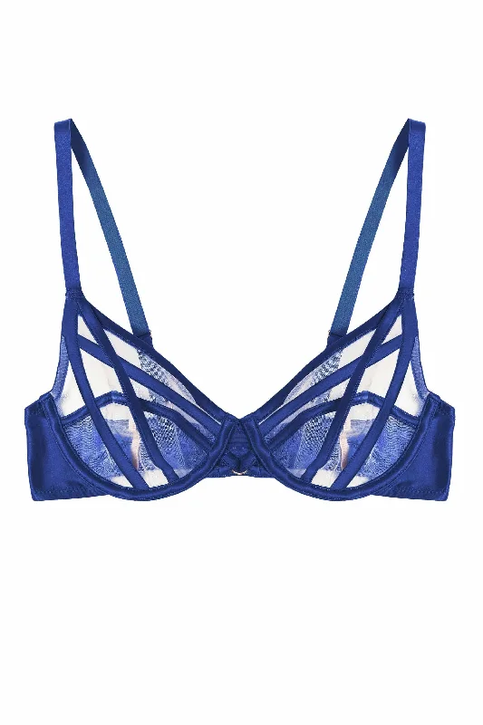 Ramona Cobalt Blue Strap Detail Illusion Sheer Plunge Bra