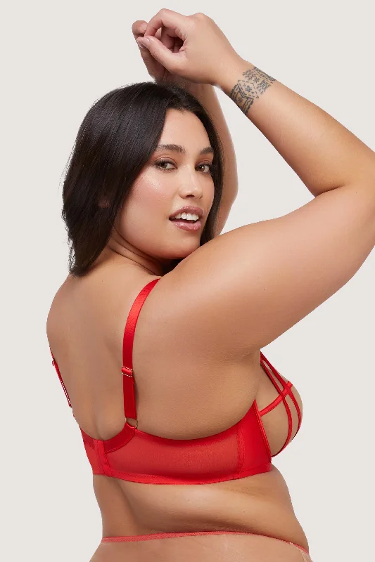 Ramona red Strap Detail Illusion Sheer Plunge Bra