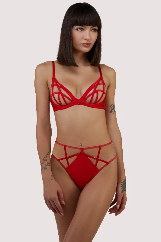 Ramona red Strap Detail Illusion Sheer Plunge Bra