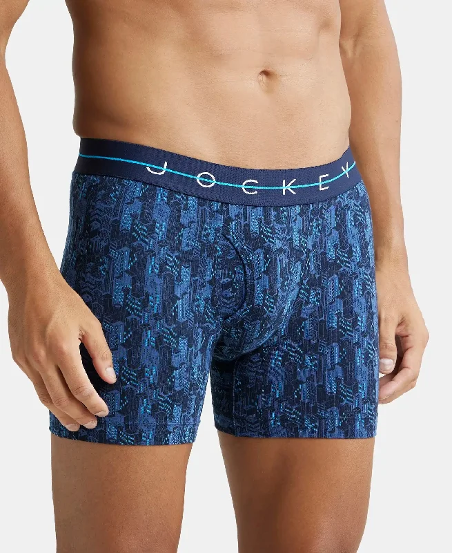 Super Combed Cotton Elastane Stretch Printed Boxer Brief with Ultrasoft Waistband - Navy