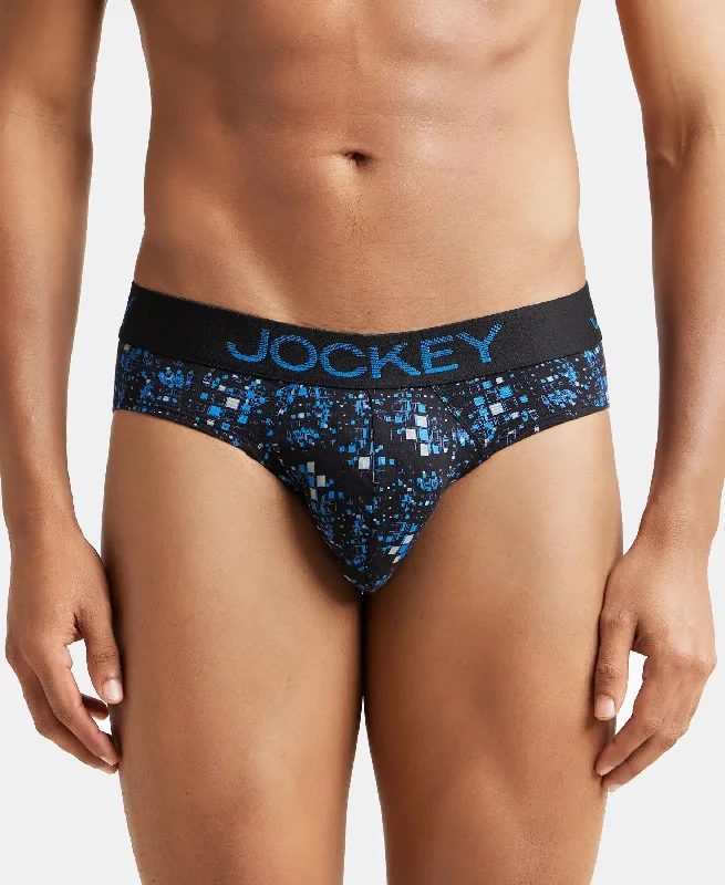 Super Combed Cotton Elastane Stretch Printed Brief with Ultrasoft Waistband - Black & Sky Diver