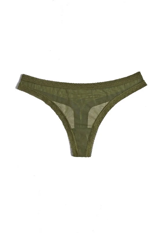 Mesh Lace Trim Thong Panty In Moss