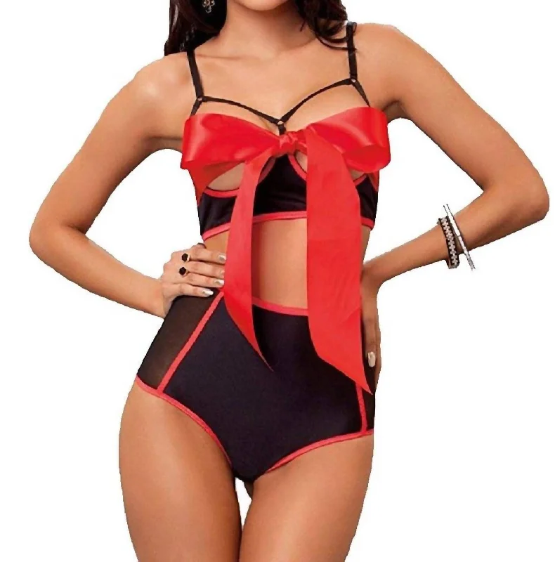 Open Cup Bra With High Waist Panty In Red / Black