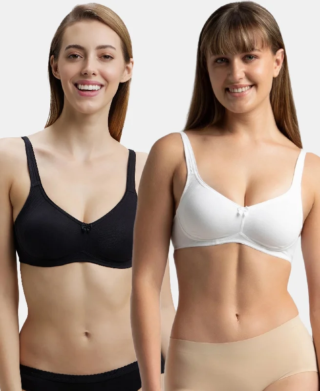 Pack of 2 Wirefree Non Padded Super Combed Cotton Elastane Stretch Full Coverage Everyday Bra with Contoured Shaper Panel and Adjustable Straps - Black & White