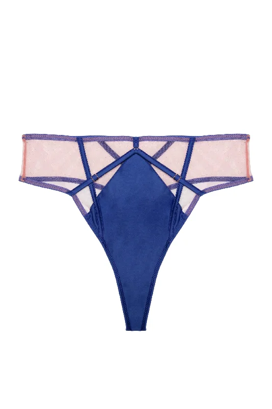 Ramona Cobalt Blue Strap Detail Illusion Mesh High Waisted Thong