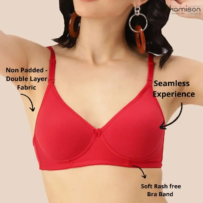 Tshirt Seamless Non Padded Bra Cotton Double Layer Red Bra for Girls (Pack of 2)