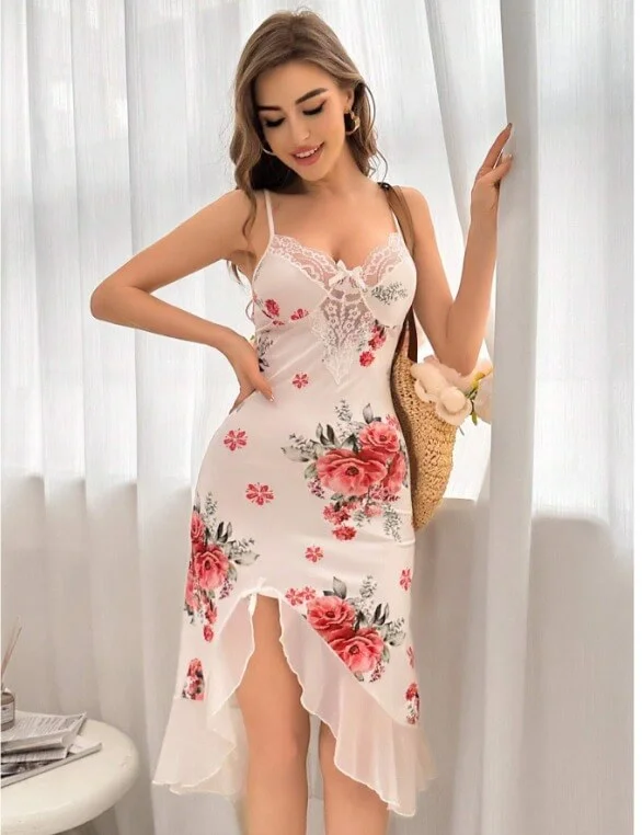 Women's Lace Trim Floral Pattern Cami Nightgown