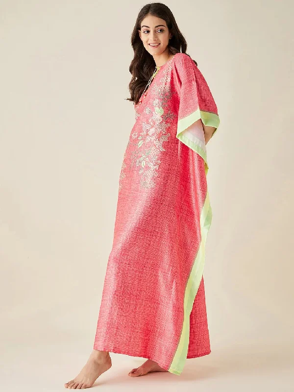 Coral FLoral Printed Satin Kaftan