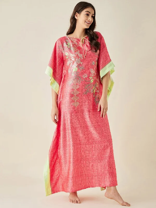 Coral FLoral Printed Satin Kaftan