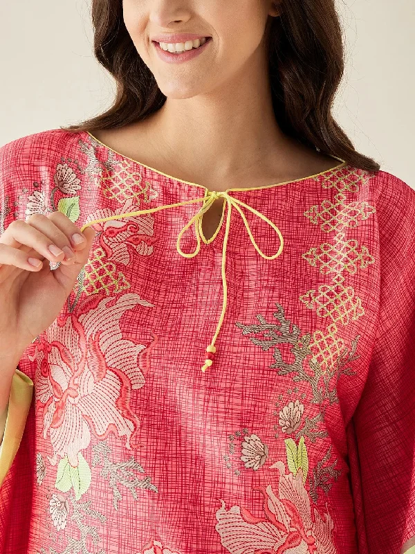 Coral FLoral Printed Satin Kaftan