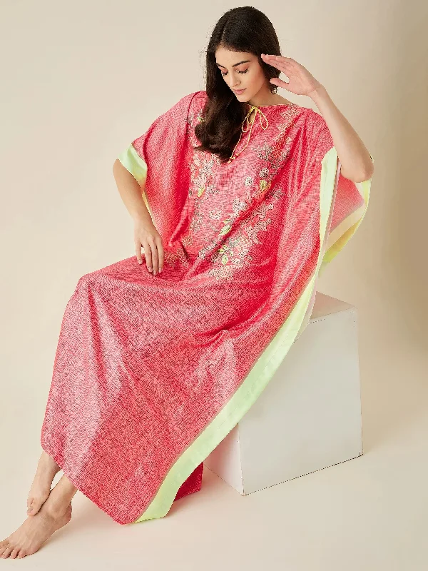 Coral FLoral Printed Satin Kaftan