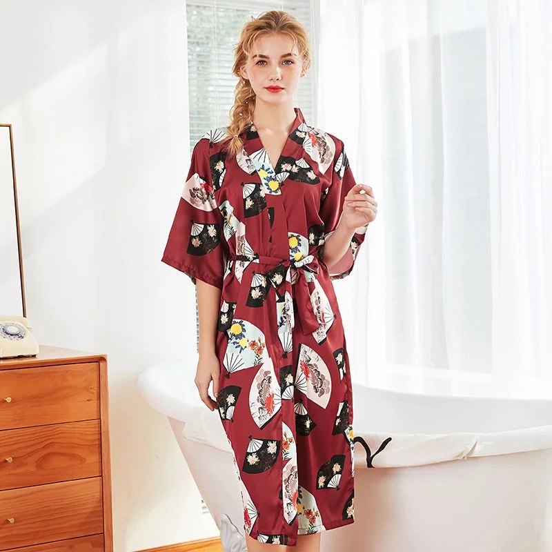 Foral Fan Printed Satin Short Sleeve Pajama Robe WP1062