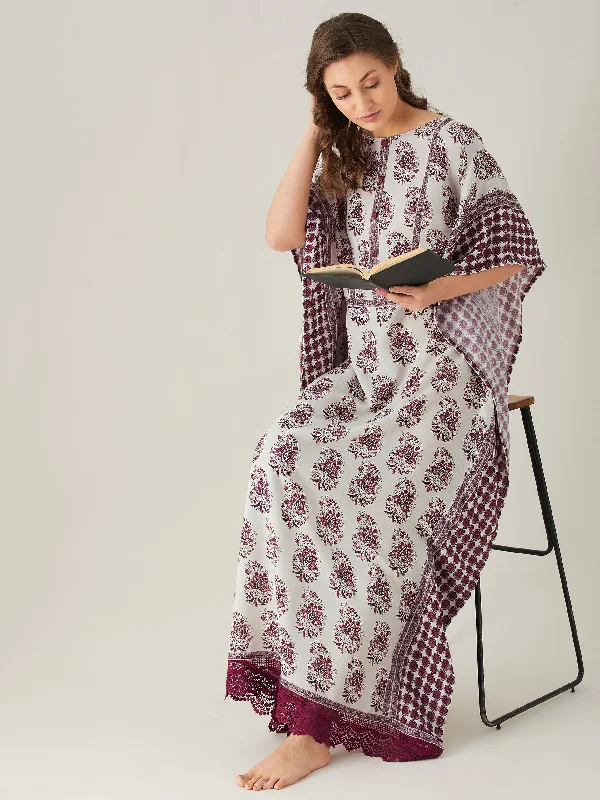 Maroon Mystic Block Maxi Kaftan with Lace Hem