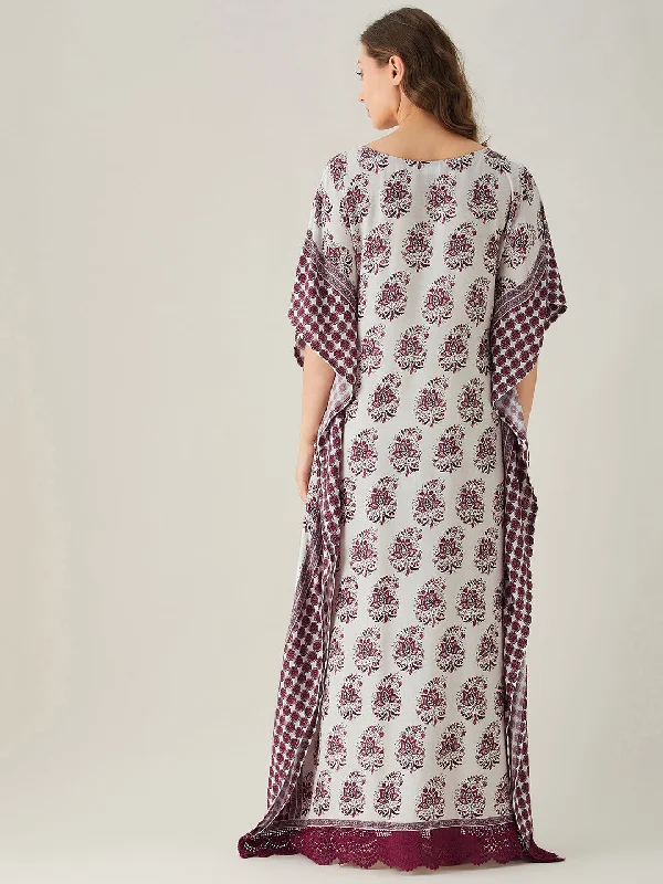 Maroon Mystic Block Maxi Kaftan with Lace Hem