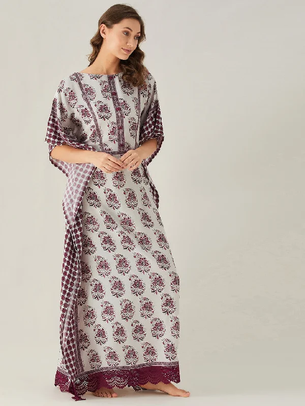 Maroon Mystic Block Maxi Kaftan with Lace Hem