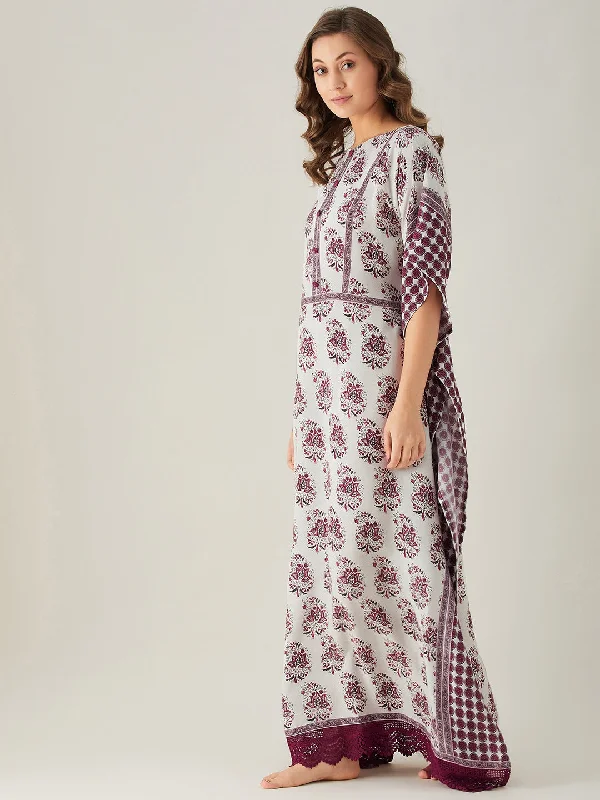 Maroon Mystic Block Maxi Kaftan with Lace Hem