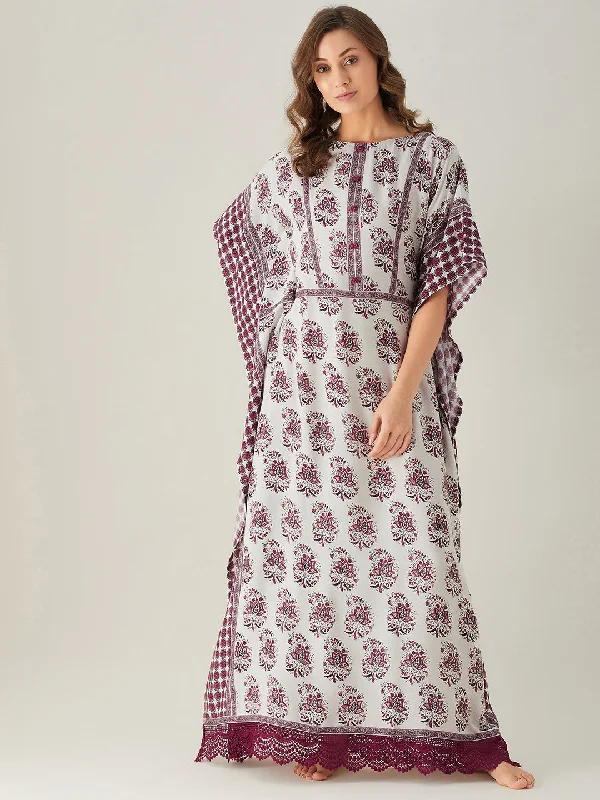 Maroon Mystic Block Maxi Kaftan with Lace Hem