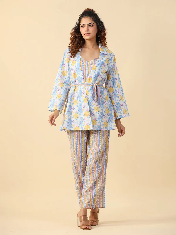 Multi- flora  3 PC Night Suit Set with Pyjama