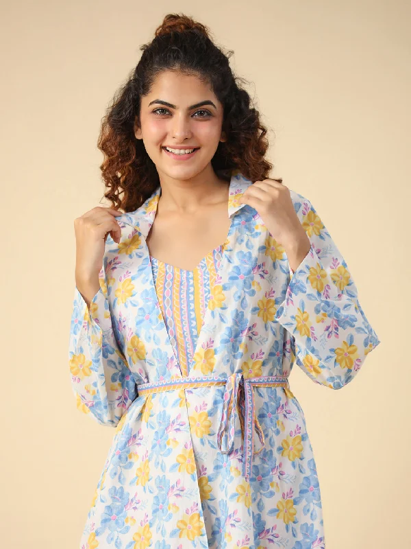 Multi- flora  3 PC Night Suit Set with Pyjama