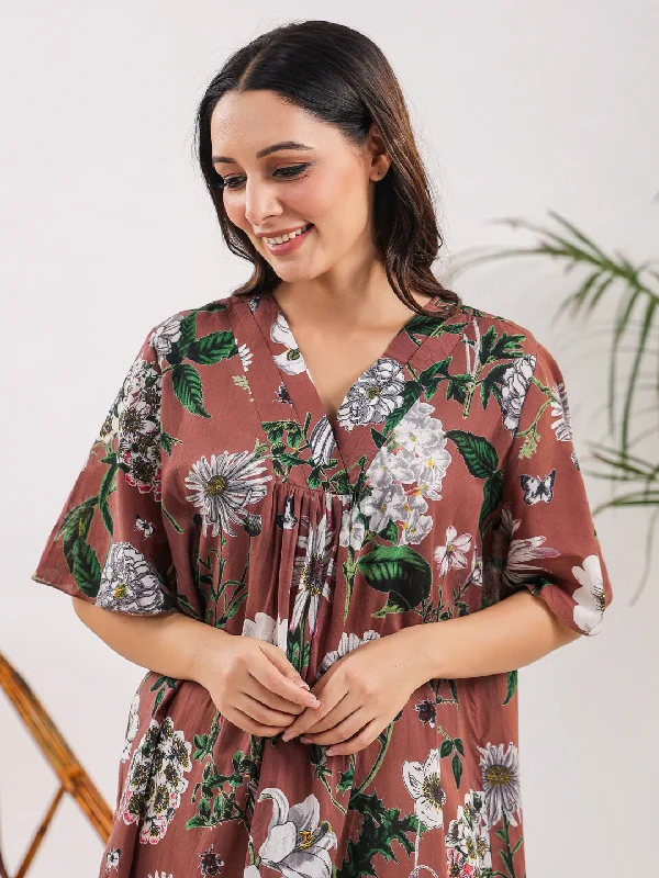 Brown flora Cotton Night Dress