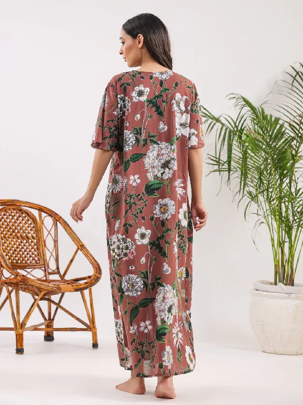 Brown flora Cotton Night Dress