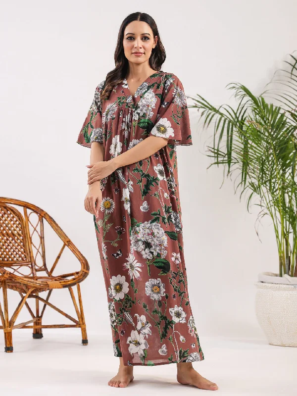 Brown flora Cotton Night Dress