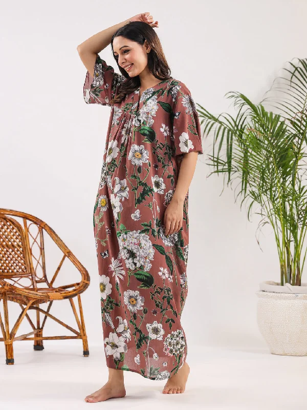 Brown flora Cotton Night Dress