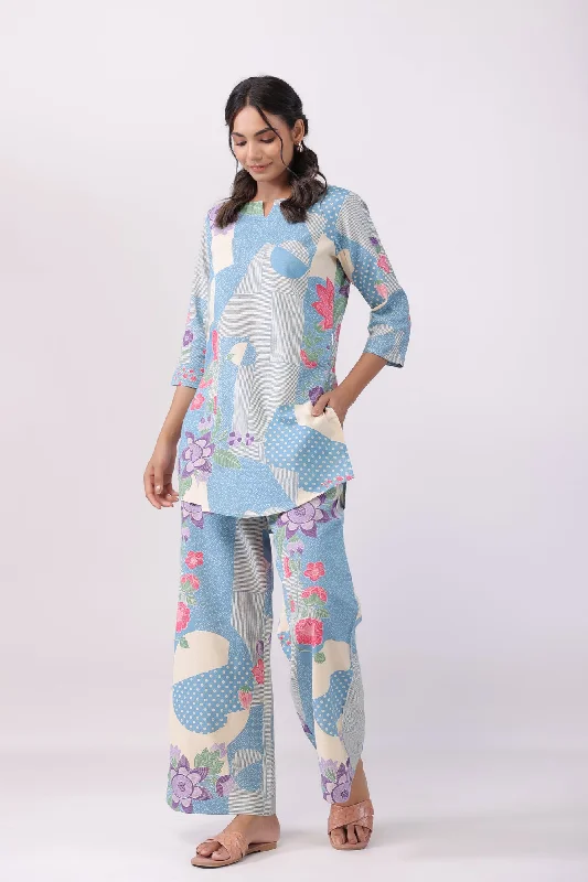 Distant Blooms Blue Cotton Co-ord Set