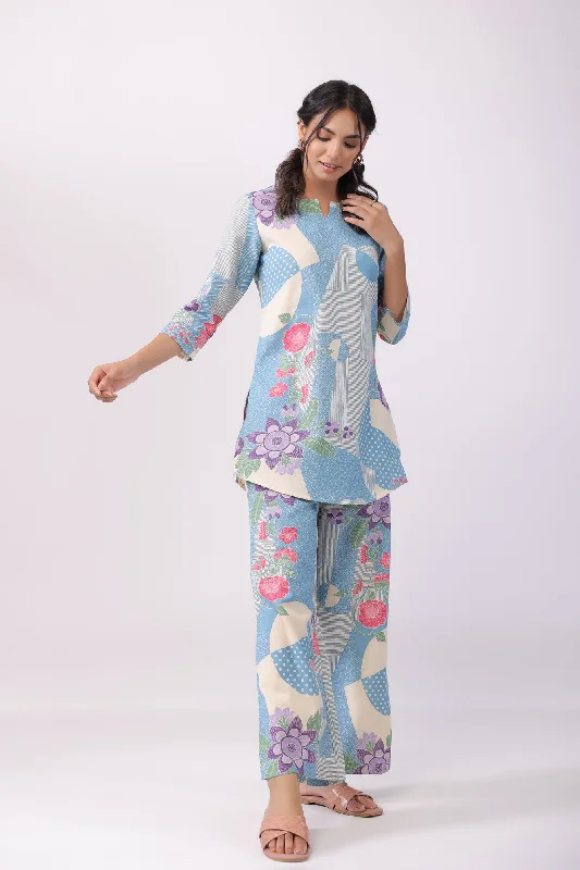 Distant Blooms Blue Cotton Co-ord Set