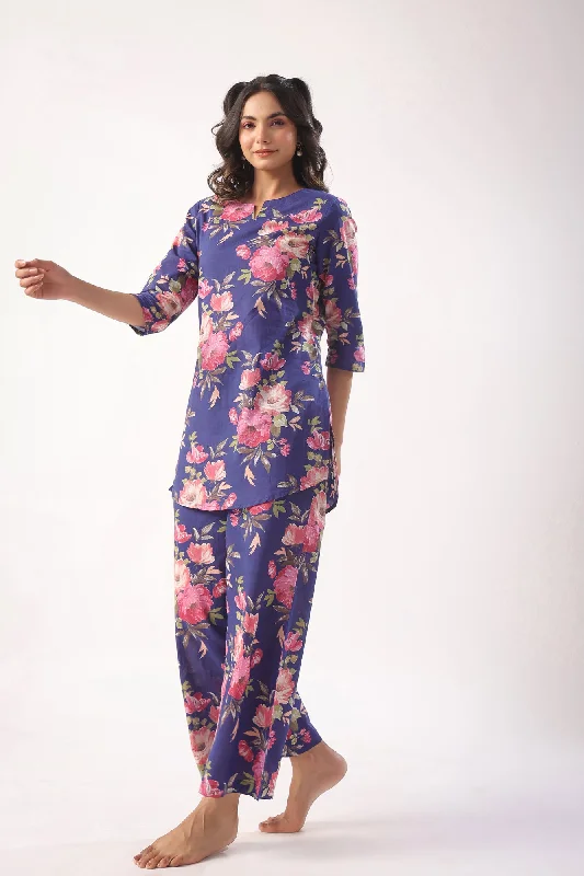 Floral Bouquet on Indigo Cotton Lounge Co-ord Set