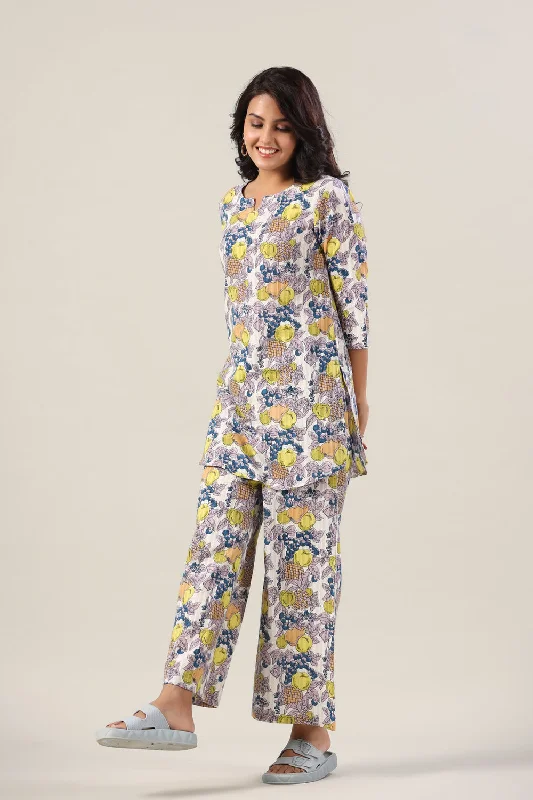 Fresh fruits on Blue Cotton Lounge Co-ord Set