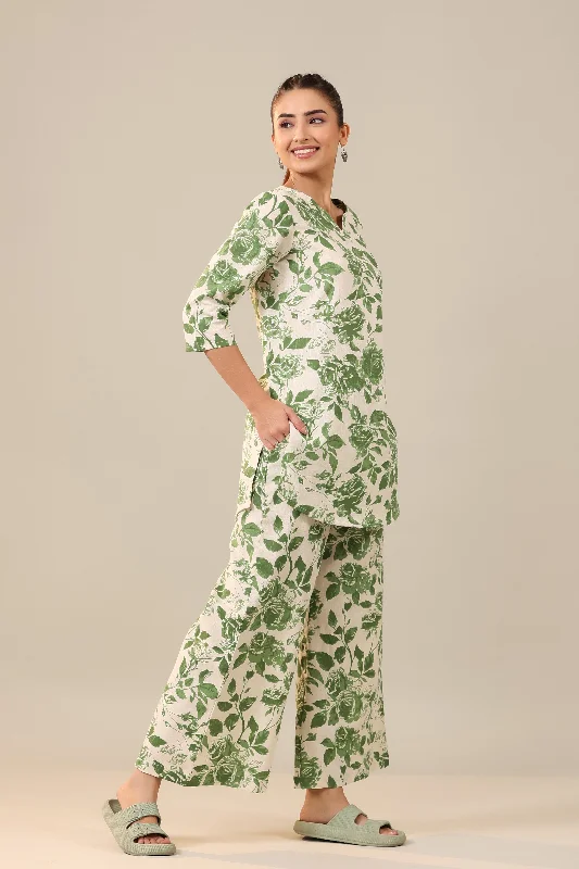 Green Jaal on Off White Cotton Flex Loungewear Palazzo Set