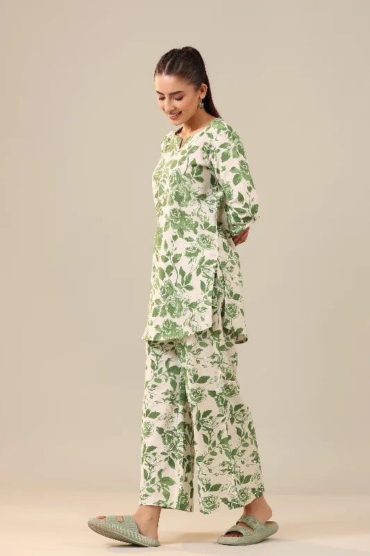 Green Jaal on Off White Cotton Flex Loungewear Palazzo Set