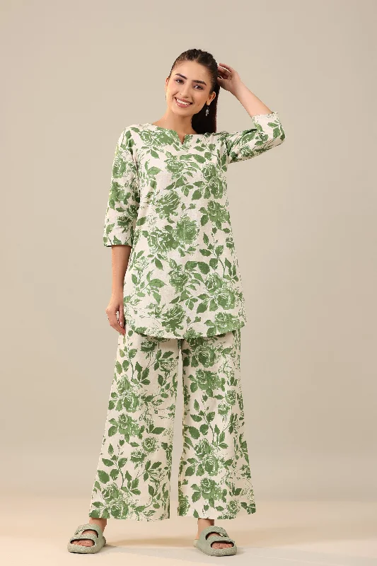 Green Jaal on Off White Cotton Flex Loungewear Palazzo Set