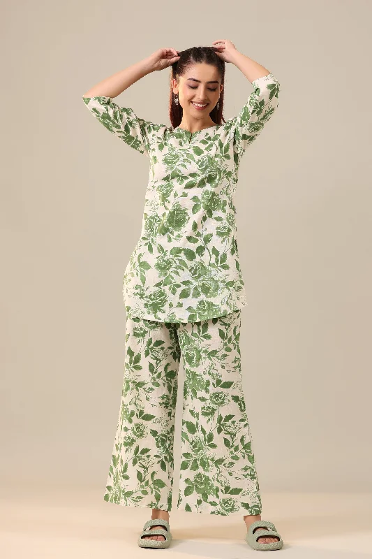 Green Jaal on Off White Cotton Flex Loungewear Palazzo Set