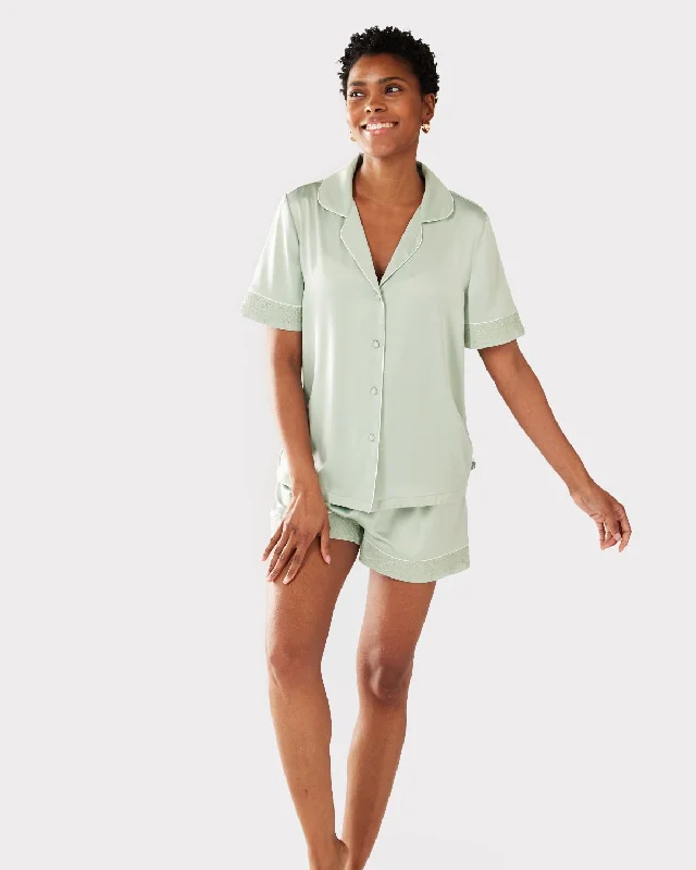 Satin Lace Trim Short Pyjama Set - Sage