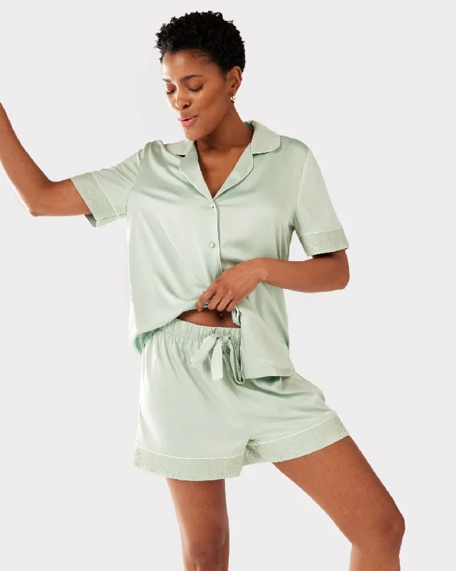 Satin Lace Trim Short Pyjama Set - Sage