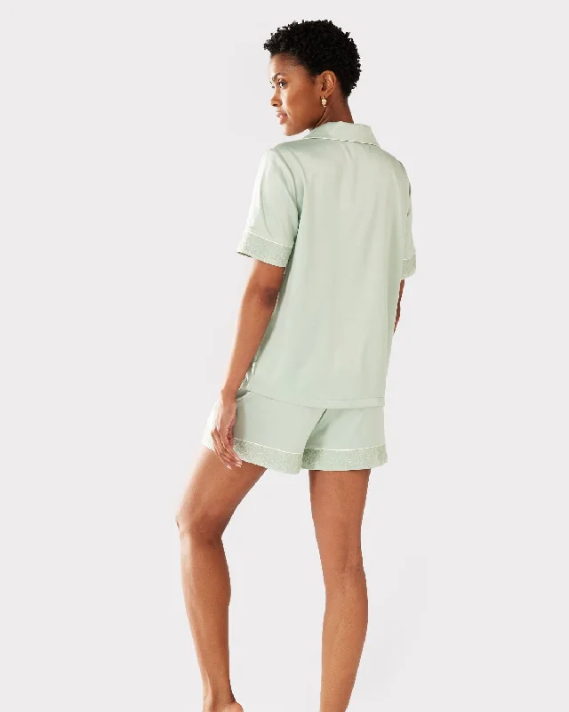 Satin Lace Trim Short Pyjama Set - Sage