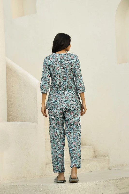 Sky Blue Printed Pure Cotton Night suit