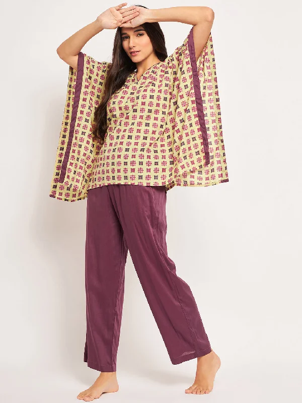 Yellow Block Print Kaftan Pyjama Set